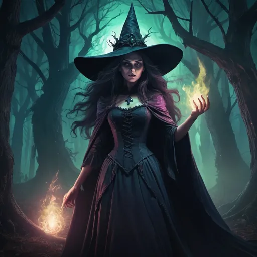 Prompt: Fantasy illustration of a menacing witch controlling a distressed princess, magical aura, enchanted forest background, detailed character features, dark and mysterious color palette, high quality, fantasy, witch, princess, magical manipulation, menacing, distressed, enchanted forest, detailed characters, dark colors, mysterious, atmospheric lighting