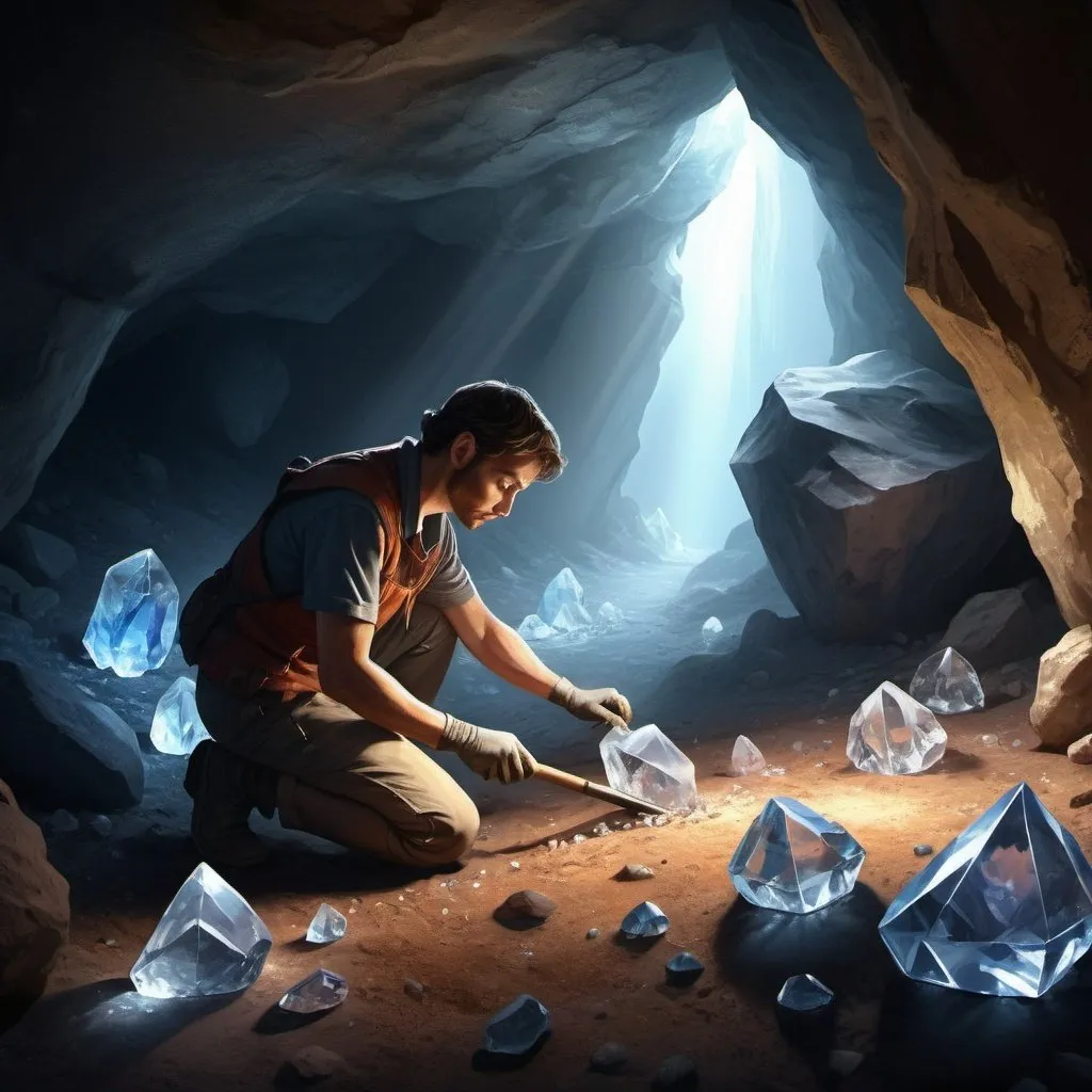 Prompt: Person excavating crystals, cave environment, realistic digital painting, intense lighting and shadows, high quality, detailed textures, dramatic lighting, crystal excavation, cave setting, realistic digital painting, high quality, intense lighting, dramatic shadows, detailed textures