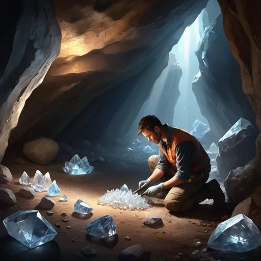 Prompt: Person excavating crystals, cave environment, realistic digital painting, intense lighting and shadows, high quality, detailed textures, dramatic lighting, crystal excavation, cave setting, realistic digital painting, high quality, intense lighting, dramatic shadows, detailed textures