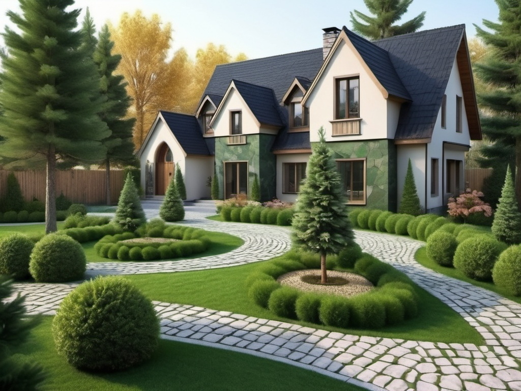 Prompt: Decorative paths made of dark green stone and 1-meter fir trees around the sides, the green lawn should be very beautiful, it should be unusual, only a fir tree and a mulberry tree are needed, a small house should be luxurious, decorative stones should also be included