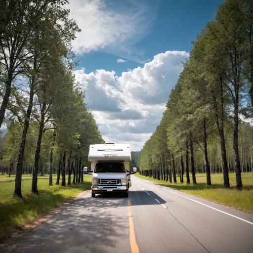 Prompt: motorhome class c rv with open road and trees and sky