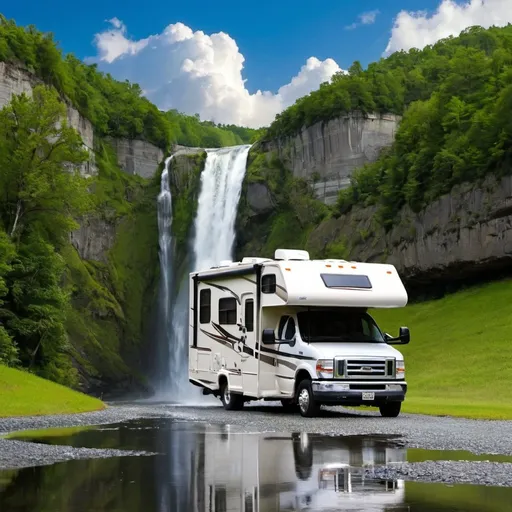 Prompt: motorhome class c rv with waterfall
 and sky