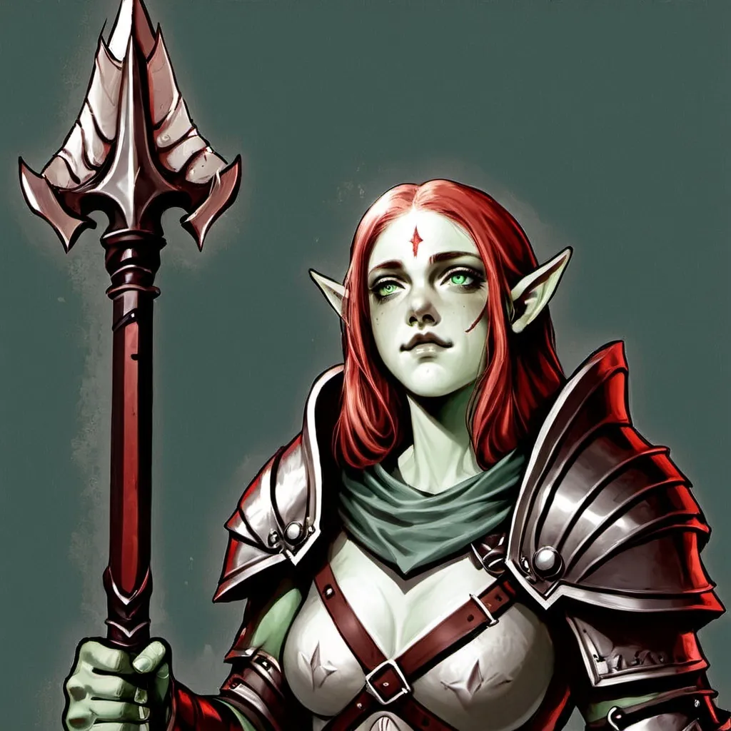 Prompt: Orc, female, cleric, paladin, equipped with a spear