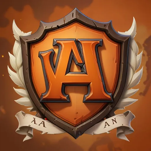 Prompt: Create a brown/orange World of Warcraft guild crest with the letter A and the word "PLAN" above the emblem, with a blank banner underneath.