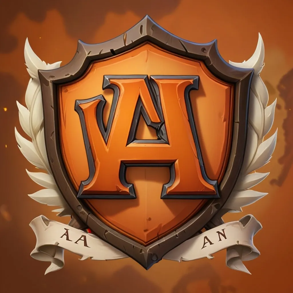 Prompt: Create a brown/orange World of Warcraft guild crest with the letter A and the word "PLAN" above the emblem, with a blank banner underneath.