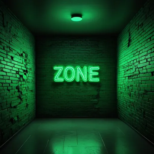 Prompt: (accurately spelled text "zone tech"), a textured wall design resembling (brick patterns), painted in (deep green hues), featuring an eye-catching neon sign at the center with a (broken font). The neon's glow contrasts sharply against the wall. The ambiance evokes a modern, tech-savvy atmosphere, and the overall image quality is a stunning 4K, bringing depth and vibrancy to the visual narrative.