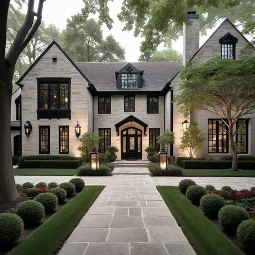 Prompt: Tudor modern exterior of home, tall black windows, trees and plants, stone pathway, garden, natural lighting, gas lanterns sconces, dark red front door