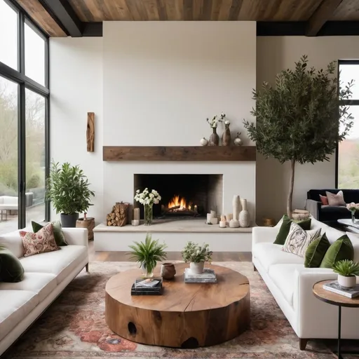 Prompt: Large fireplace, modern, cozy living room, large rug, spacious room, velvet sofa, reclaimed wood coffee table, floor lamps, side tables, plants, floor to ceiling windows, white sofas, floral pillows pattern, olive tree, solid wood coffee table