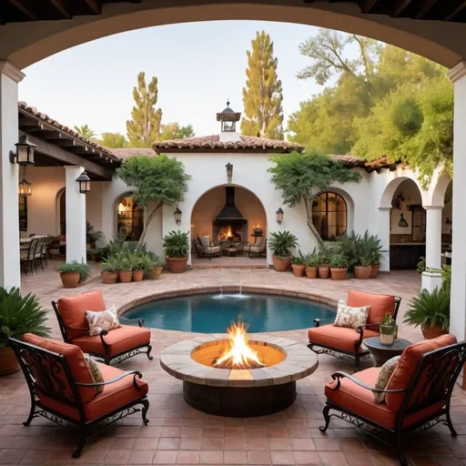 Prompt: Spanish colonial style, outdoor patio, patio furniture, lots of plants and trees, round outdoor fire pit, pavers on ground, water in swimming pool