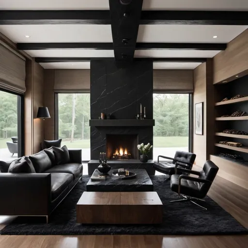 Prompt: Modern cigar lounge, masculine, dark colors, black stone fireplace, oak flooring, large rug, stone coffee table 