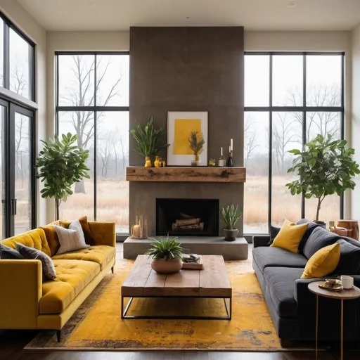 Prompt: Large fireplace, modern, 12’ ceilings, cozy living room, large rug, spacious room, velvet sofa, reclaimed wood coffee table, floor lamps, side tables, plants, floor to ceiling windows, pops of ocher yellow