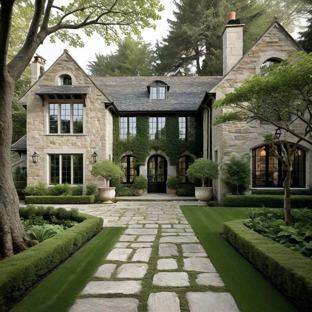 Prompt: Tudor modern exterior of home, Italy based home, tall black windows, slate roof, arch stone entrance, stone pathway, garden with trees and plants, natural lighting, moss on home, detailed architecture, high quality, professional, atmospheric lighting, natural tones, lush greenery, modern vintage aesthetic