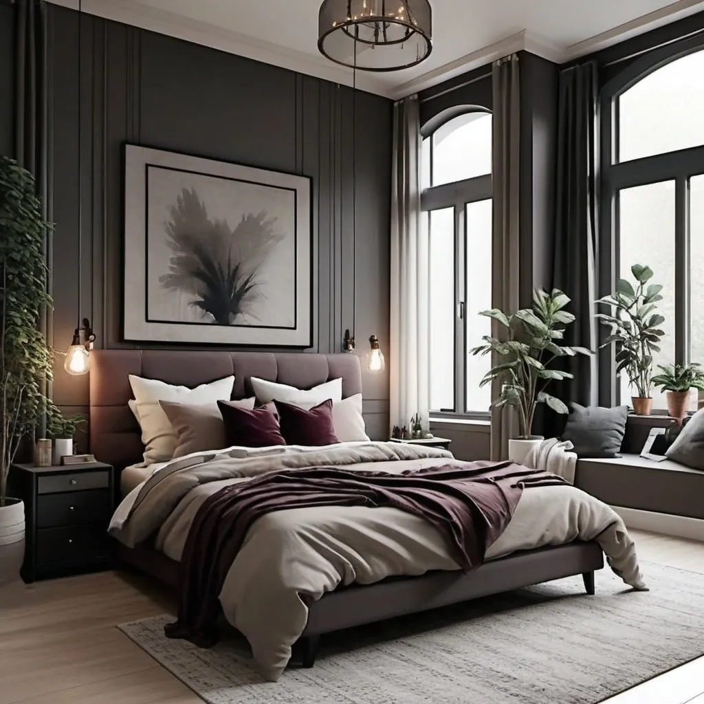 Prompt: spacious bedroom with tall windows, tall windows, modern style, high quality, realistic, serene ambiance, cool tones, detailed textures, spacious layout, modern vibes, plants, organic textures, moody and cozy vibes, pops of plum red