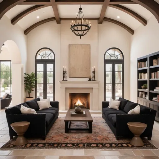Prompt: Spanish colonial styler, interior with arch fireplace, off white bookcase, tall bookcases, 12' ceilings, wood beans ceiling, black sofa, wood coffee table, large vintage rug, modern art above fireplace, warm lighting, detailed design, highres, cozy atmosphere, atmospheric lighting , stone flooring, large chandelier 