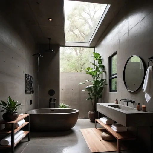 Prompt: Spacious bathroom, concrete soaking tub, dark and moody, tall windows, high resolution, realistic, spacious layout, natural lighting, spa like bathroom, walk in shower open to tub combination, brash fixtures, rain head walk in shower, plants