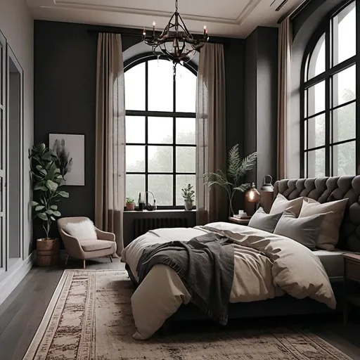 Prompt: spacious bedroom with tall windows, tall windows, modern style, high quality, realistic, serene ambiance, cool tones, detailed textures, spacious layout, modern vibes, plants, organic textures, moody and cozy vibes, pops of red, large vintage rug