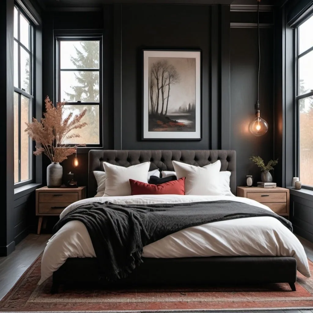 Prompt: spacious bedroom with tall windows, tall windows, modern style, masculine feel, high quality, realistic, serene ambiance, cool tones, detailed textures, spacious layout, modern vibes, organic textures, moody and cozy vibes, pops of red, large rug