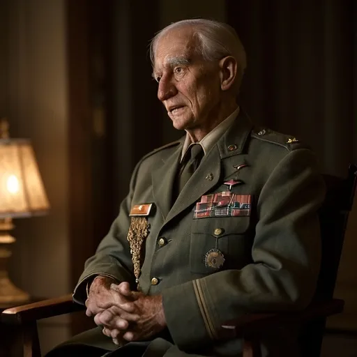 Prompt: Aged veteran discussing his heroism with modesty, dim lighting quiet classical music in background