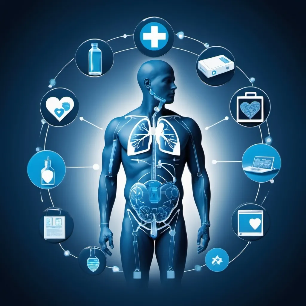 Prompt: symbolic image representing healthcare with modern technological theme with blue theme