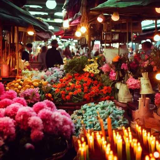 Prompt: market flowers beautiful lights  bright  pastel colours 
with many people and lights, vintage, blurry people, painting feel