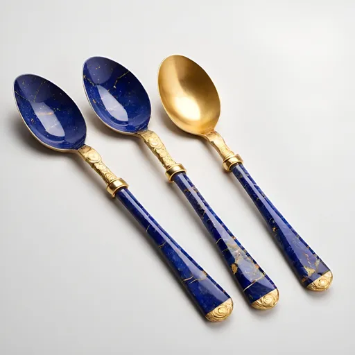 Prompt: serving spoons set with gold handle made from lapis lazuli