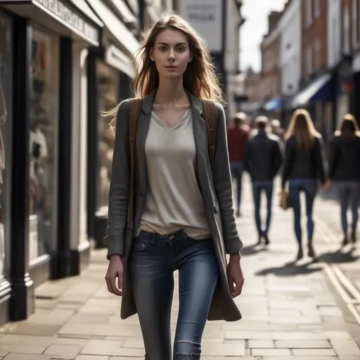 Prompt: Tall young woman walking down the high street, detailed clothing, realistic, natural lighting