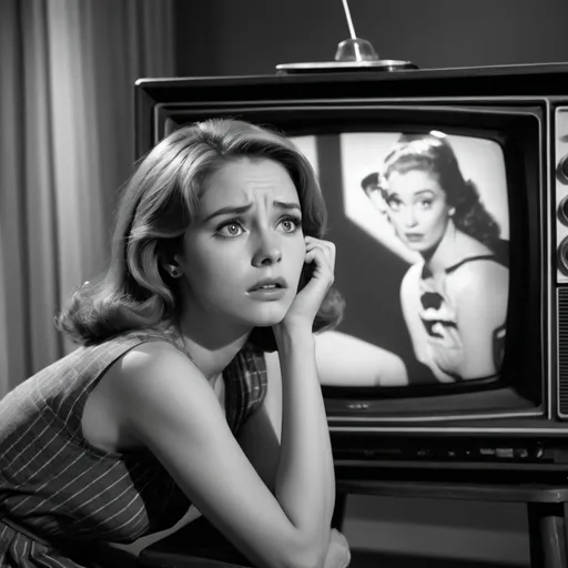 Prompt:  A photo realistic view of  a pretty young woman in a vintage black and white television program looking out toward the viewer of the program.  The woman is shown from the chest upward and she seems to be in distress or in desperation as she looks outward toward the viewer as if she is seeking help.  The entire scene is in color except for the TV program which is in monochrome.  The TV is an older style analog CRT type TV with channel and volume knobs.