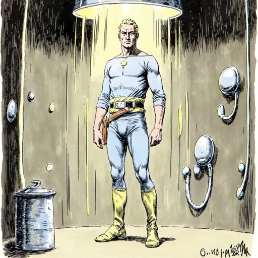 Prompt: Rex stands in the decontamination chamber. He is taking a shower with a lot of steam.