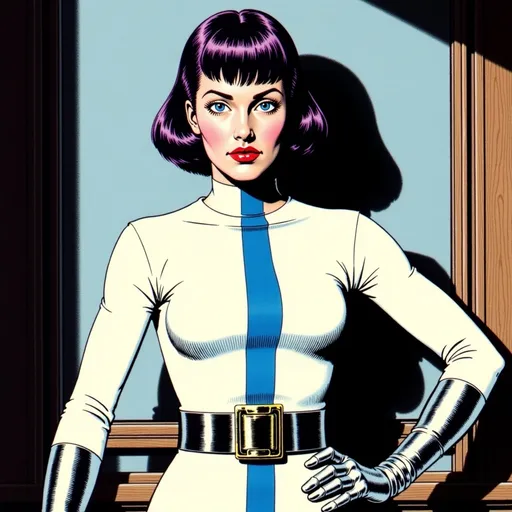 Prompt: @Ht8cQnznysT1AVreVSFH is looking at you through a window. Raygun gothic aesthetic, 1930s-1950s pulp sci-fi, Alex Raymond, Flash Gordon comic art, bold ink outlines, vibrant colors, dramatic shadows. Negative Prompts: photorealistic, photograph, realistic, 3D render,