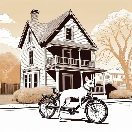 Prompt: A vector with bold lines two-color image line drawing of a rat terrier chihuahua riding a bike in front of an old picturesque house on a warm sunny day 