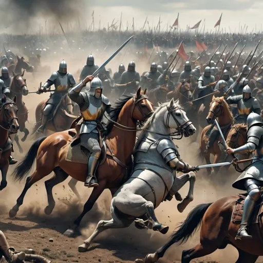 Prompt: two medieval armies clash in open battle. a cavalry is in the middle of the image, looking magestic, cutting the head of an infantry on horseback with a single blow.