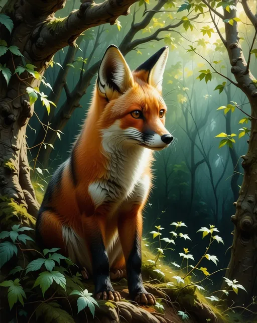 Prompt: imagine a wise fox in the wild magic forest, oil painting, looking out of lush greenery, detailed fur with natural patterns, intense and curious gaze, high-quality, exceptionally realistic, vibrant colors, natural lighting