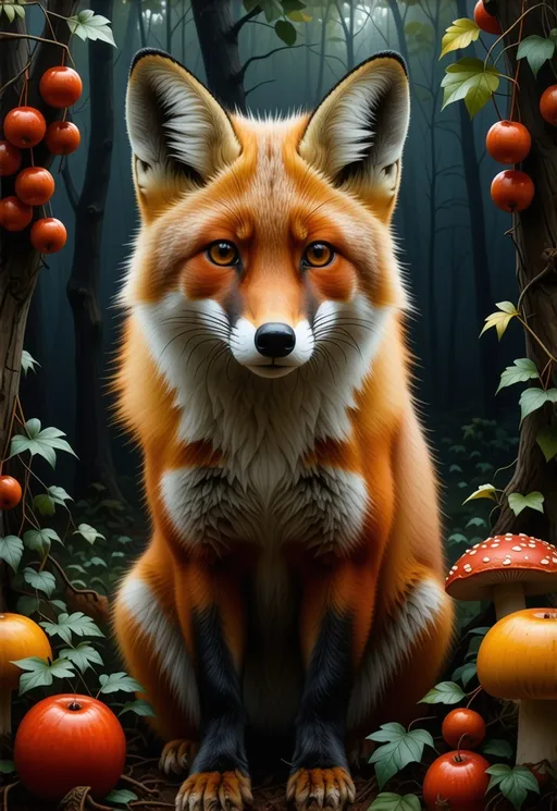 Prompt: imagine a fox front looking portrait in a frame of the dark night wild magic greenery and fruits and mushrooms , oil painting, detailed fur with natural patterns, intense and curious gaze, high-quality, exceptionally realistic, vibrant colors, dark background