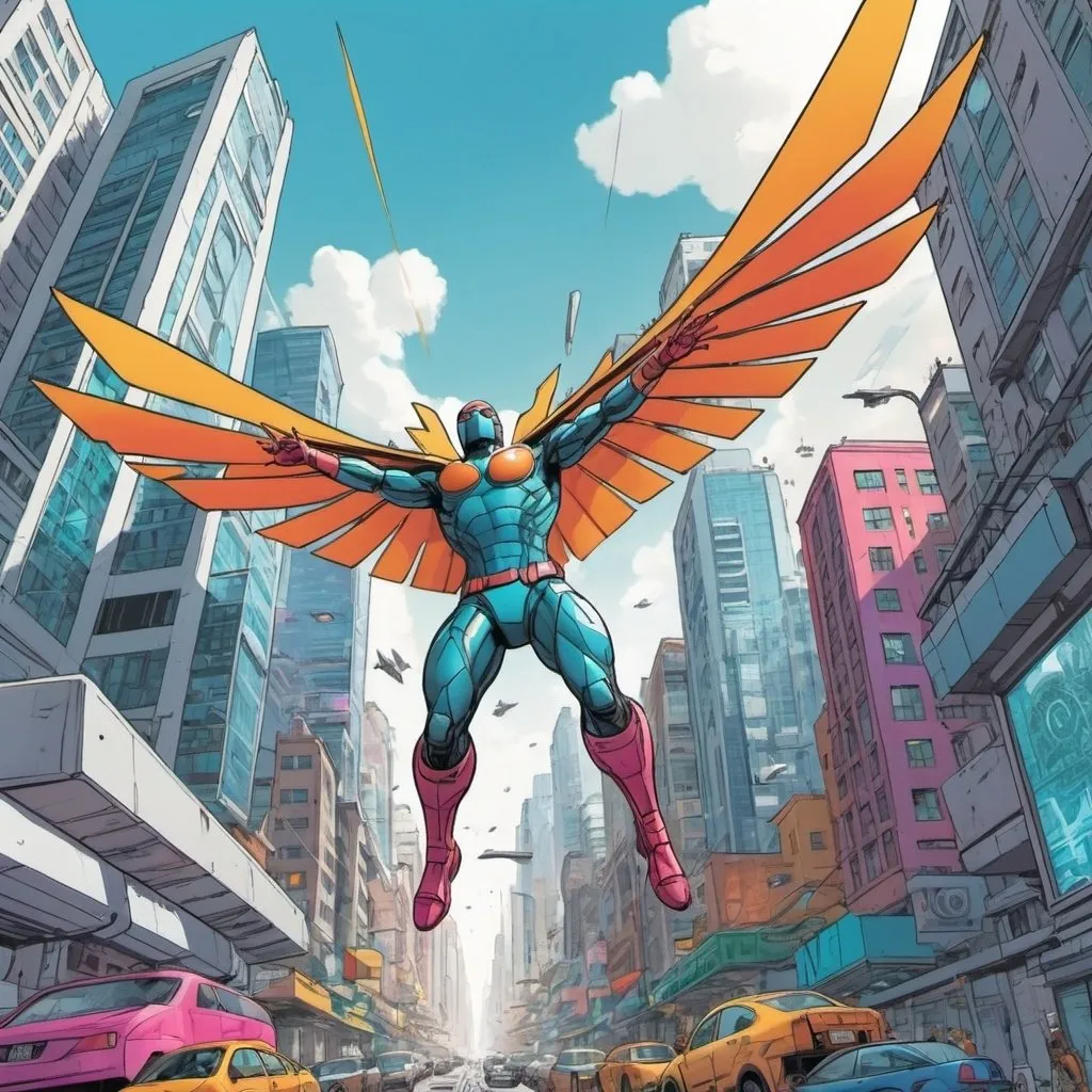 Prompt: Brightly colored comic book art. First person view. Flying through a futuristic city in the daytime with your hands outstretched in front of you.