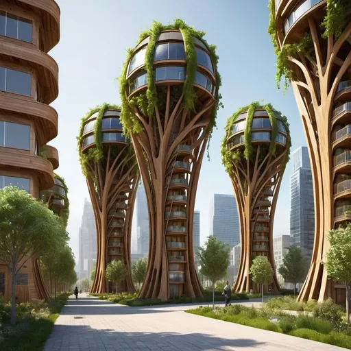 Prompt: Futuristic biomechanical wooden skyscrapers, planter boxes in all windows, helix wind turbines made from wood, fruit trees lining the sidewalks, highres, ultra-detailed, futuristic-biomechanical, wooden architecture, planter-filled skyscrapers, sidewalk fruit trees, organic, sustainable, detailed structures, urban landscape, professional, atmospheric lighting, natural color tones