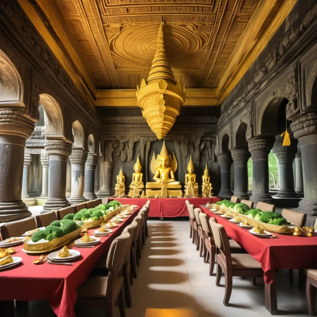 Prompt: ornate cambodian carved stone dining hall like angkor wat, king of the fish head people sitting at a golden table, a fish dinner on the table with sides of salad and broccoli