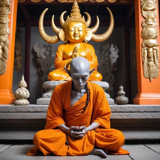 Prompt: A grey alien in an orange buddhist monk robe sitting cross-legged inside a stone temple praying japa with a yak bone mala in front of a large golden Grey statue with an absurd size head with hands in praying positing in front of chest with eyes closed