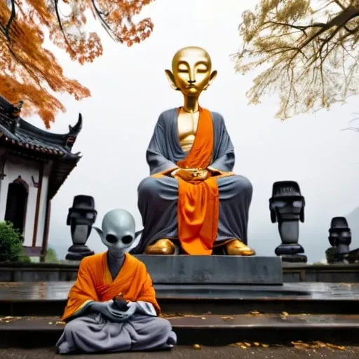 Prompt: A grey alien wearing an orange buddhist monk robe, sitting cross-legged in front of Grey Alien Statue made of Gold with a very large head 