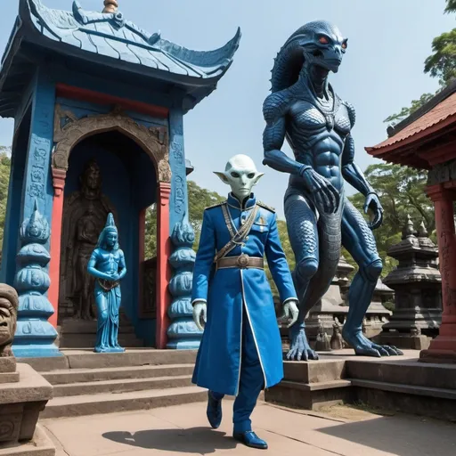 Prompt: a White reptilian alien in a blue uniform walking past a Kali statue and shrine 