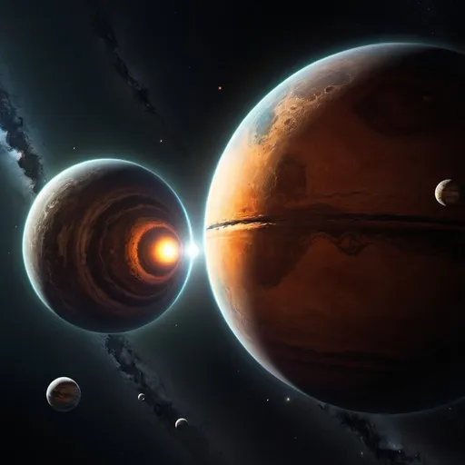 Prompt: can you create an image of two large planets experiencing interplanetary dissonance while in orbit, where you can see and almost feel the dissonant energy being created? I want it to show the tension between the two planets operating in anti phase and being expelled away from one another. 