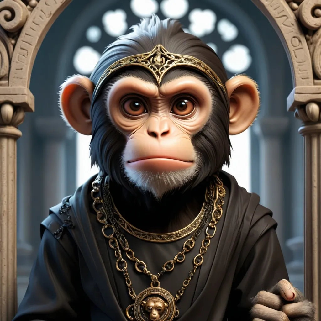 Prompt: Create a Gothic-style design featuring a monkey, blending elements of ancient Rome and philosophy.