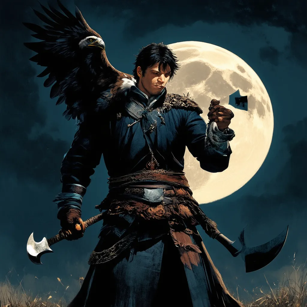Prompt: Samouraï Holding his spade, vertical  image with an eagle on the back with the background quite dark night with the moon
