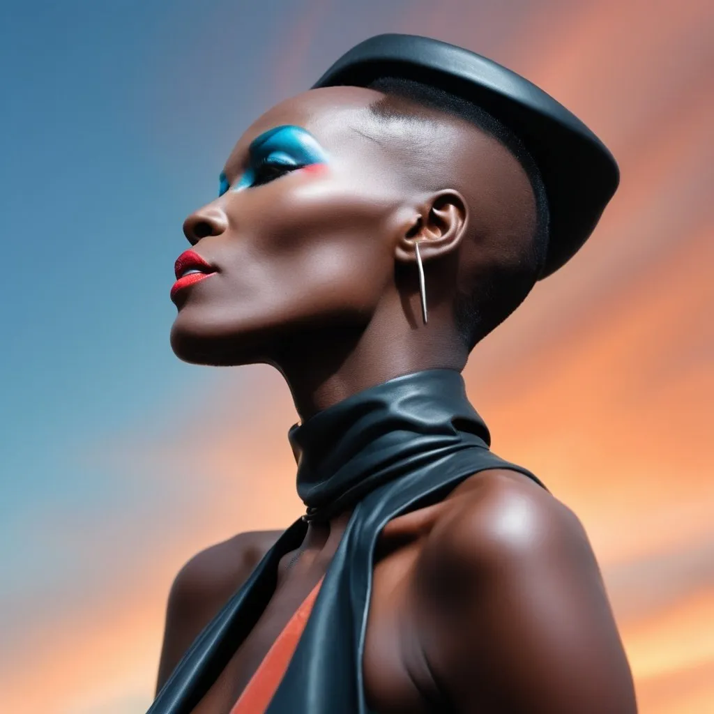 Prompt: Create grace Jones lookalike model, photographed from the side, with her head tilted backwards and looking up. Background to be the color of the sky