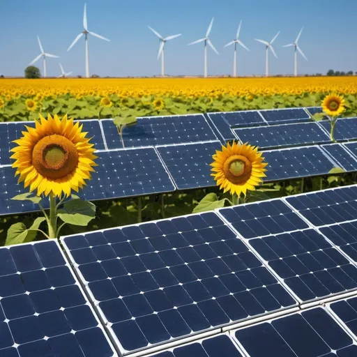 Prompt: Solar panels in a sunflower field, on a sunny day, with windmills in the background
