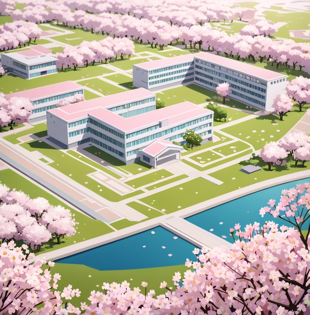 Prompt: a modern japanese style school with cherry blossoms, daisies, and white roses with a hint of pastel pink. the campus is large and is on it’s own island, you stay in dorms, 3/4 close up angle, very detailed