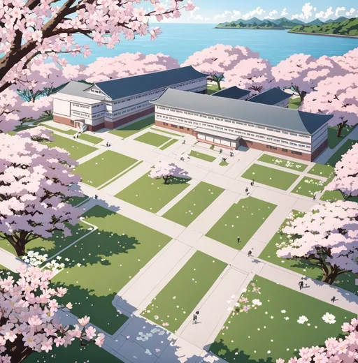 Prompt: a japanese style school with cherry blossoms, daisies, and white roses with a hint of pastel pink. the campus is large and is on it’s own island, you stay in dorms, 3/4 angle, very detailed