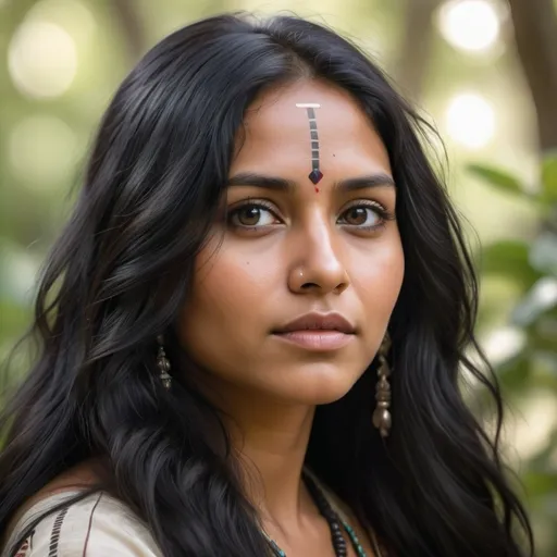 Prompt: A native Indian woman, (long flowing black hair) in gentle curls framing her face, (intense dark eyes) reflecting strength and grace, (natural setting) with softly blurred greenery in the background, (warm light) creating a serene atmosphere, (highly detailed, lifelike features) capturing emotion and beauty in a captivating moment, (HD, ultra-detailed).
