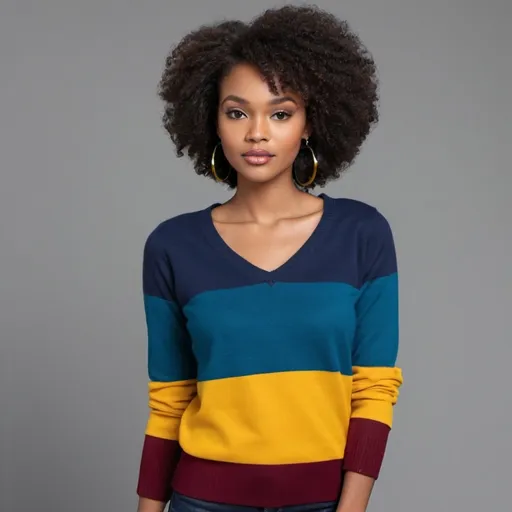 Prompt: Create a black model wearing a color blocking sweater or jumper with bold, contrasting color blocks like deep teal with mustard yellow or rich burgundy with cobalt blue. Make it 2 neck designs vneck and crewneck