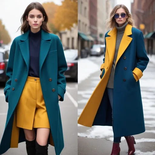 Prompt: Create oversized or tailored coats with bold, contrasting color blocks like deep teal with mustard yellow or rich burgundy with cobalt blue. The vibrant colors will pop against the more muted tones of fall and winter.