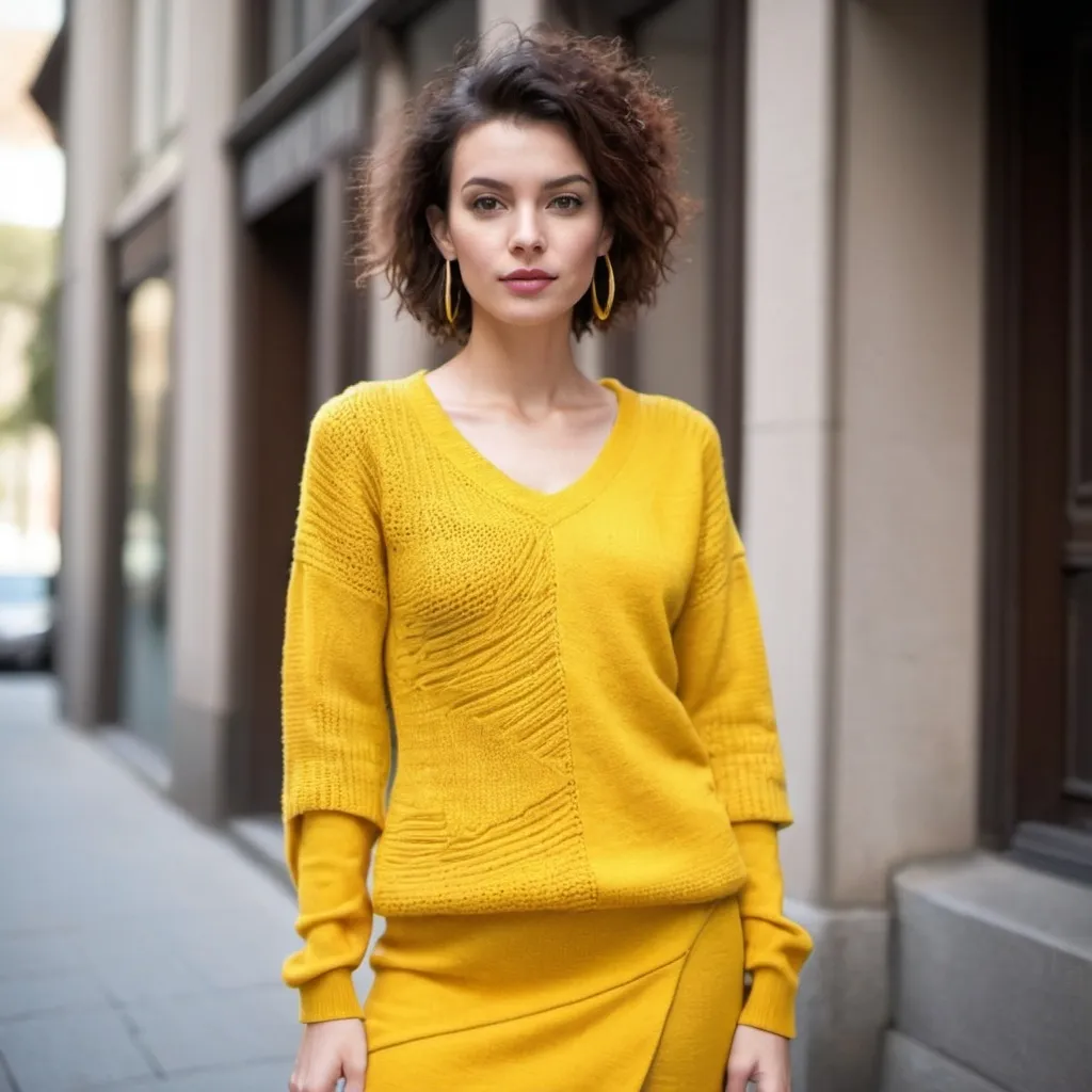 Prompt: Create yellow sweater dresses with asymmetric designs. Make it three quarter length. 